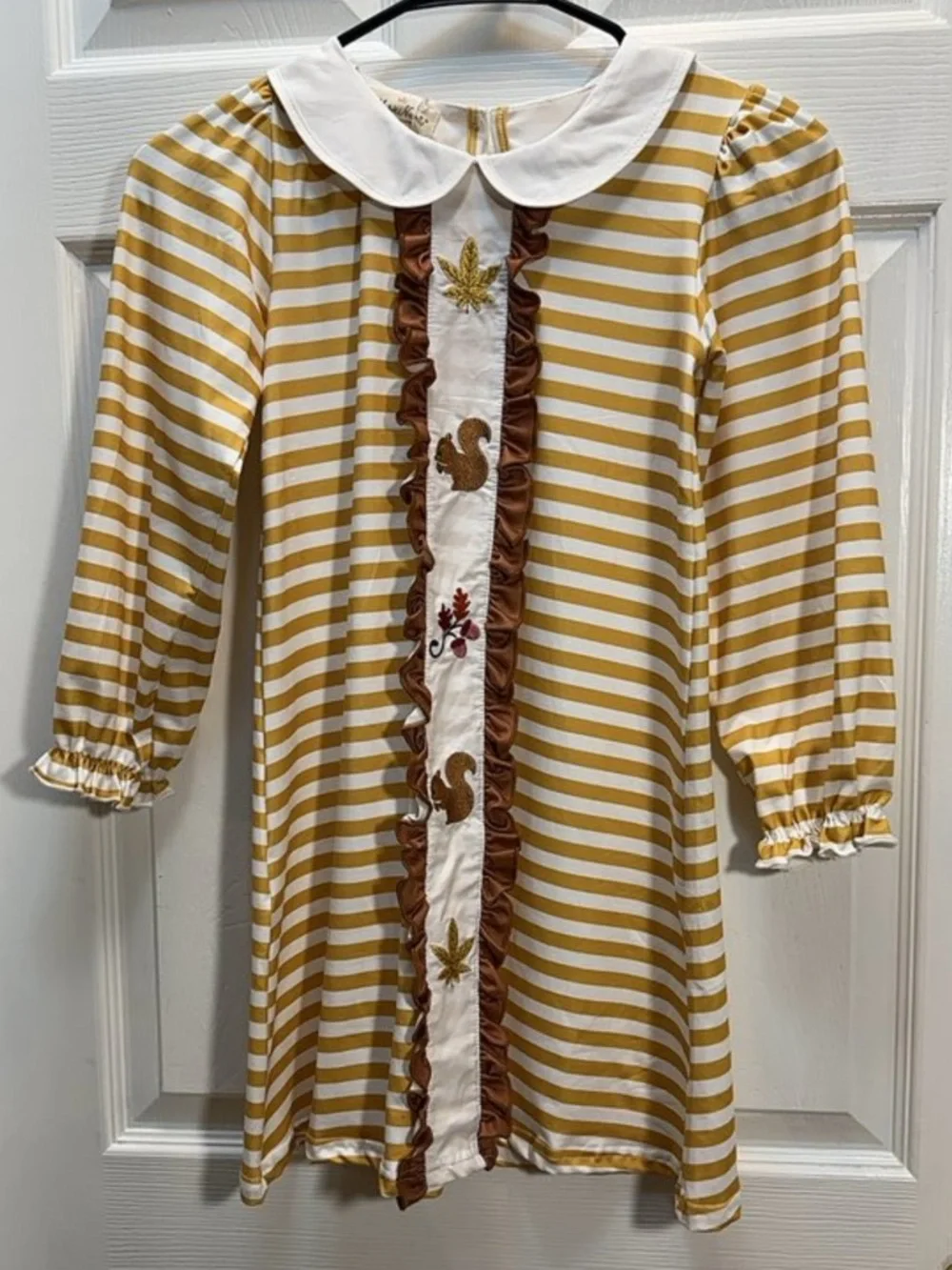 Marie Nicole Mustard Yellow & White Striped Fall Kids Dress with Embroidery